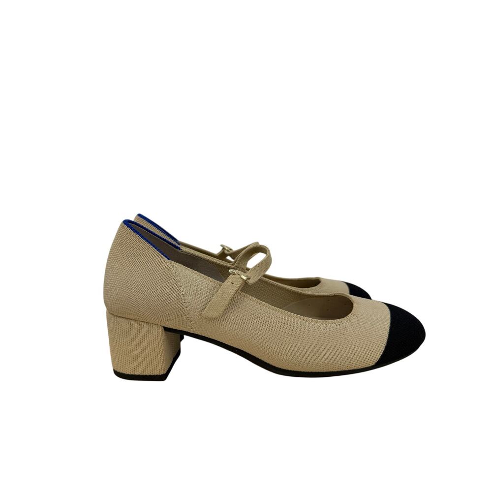 Rothy’s Mary Jane Captoe Block Heel Knit Shoes Beige Black Cap Toe Women’s US 8